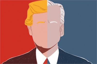 [ai] An illustration depicting the split faces of two political figures, one with blonde hair on the left against a red background, and the other with white hair on the right against a blue background.